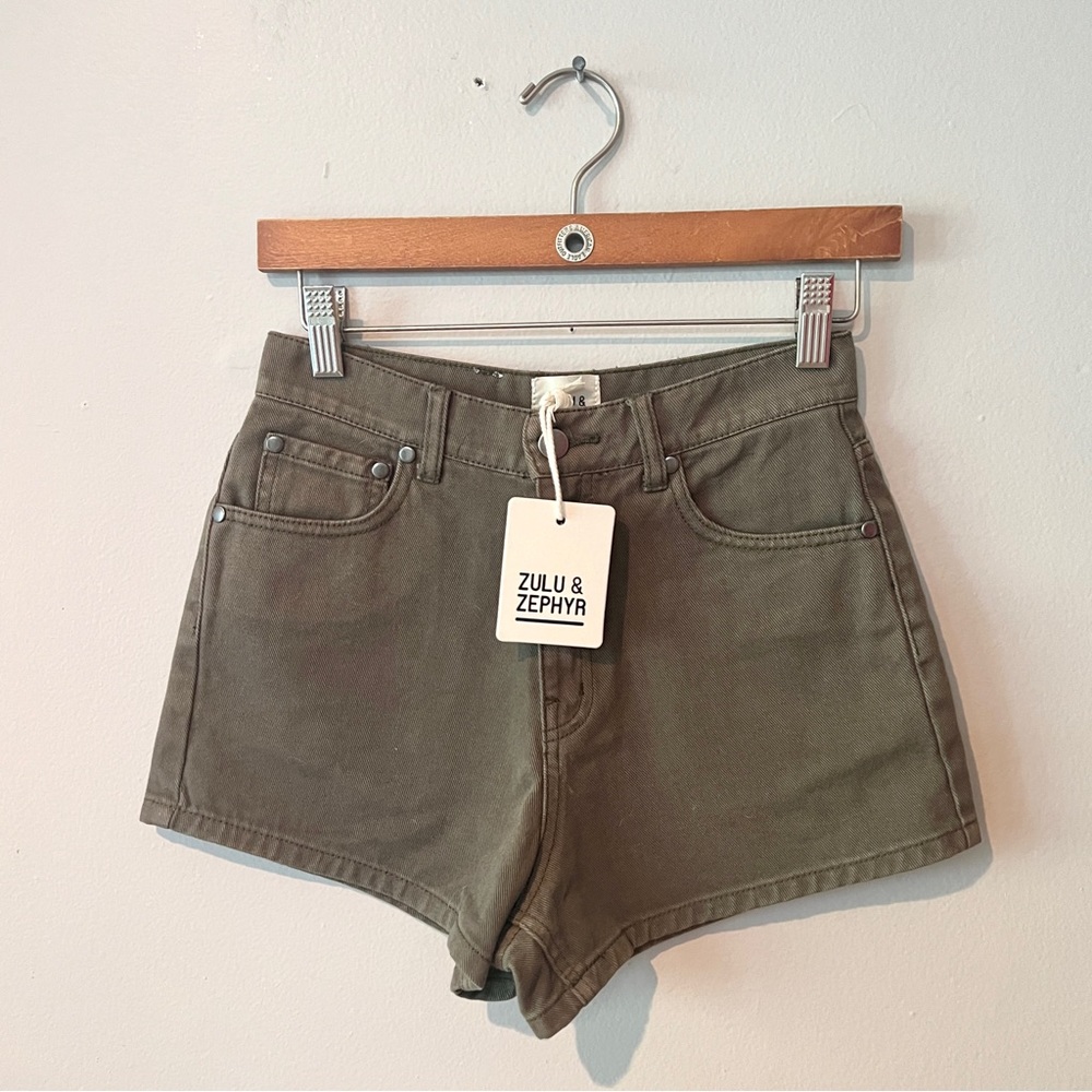 Zulu & Zephyr 100% Cotton Denim Shorts High Waist Olive